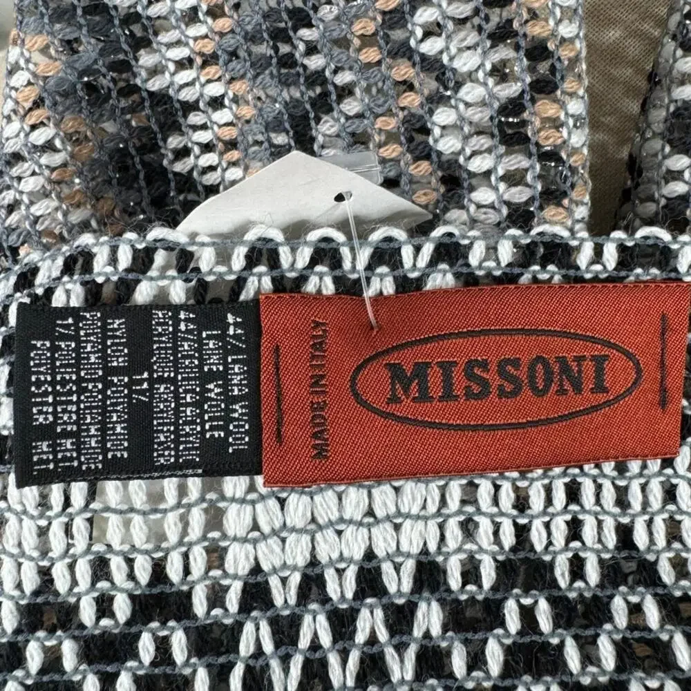 Vintage Missoni Scarf, Wool Blend Silver Gray Tan Zigzag, 68